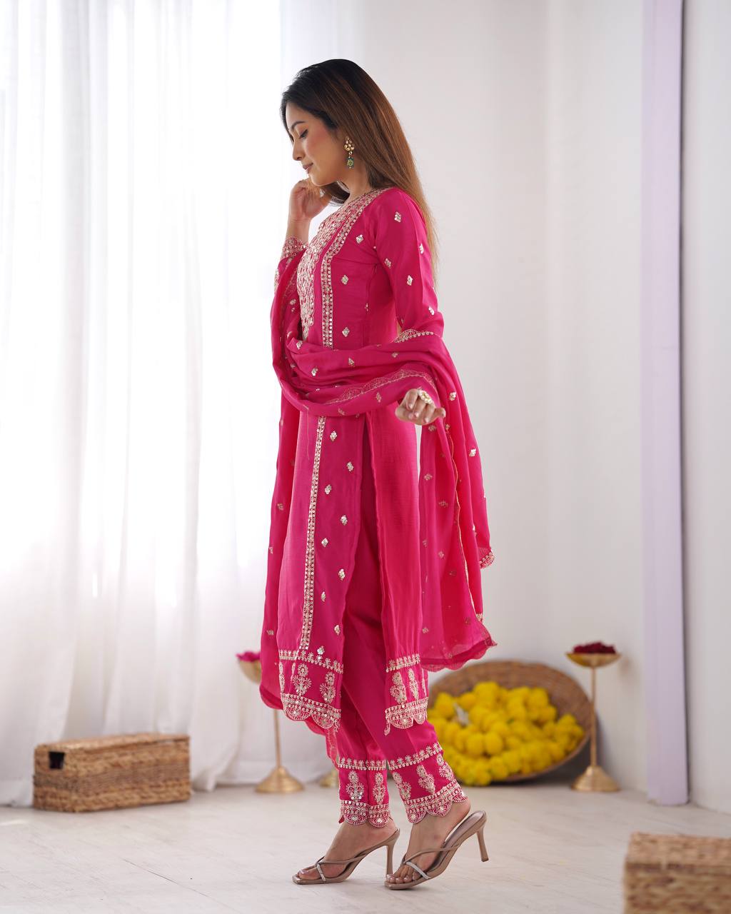 Party Wear Pink Color Chinon Silk Kurti For Girls