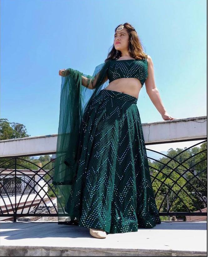 Wedding Wear Bottle Green Color Georgette Lehenga For Women