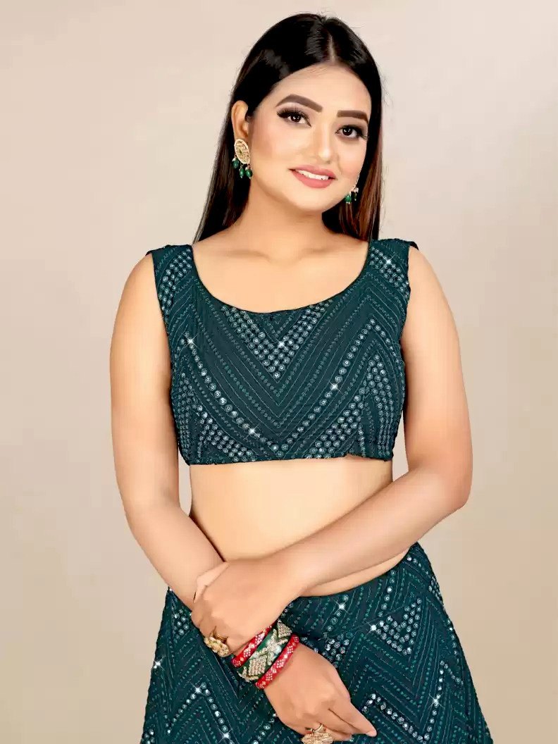 Wedding Wear Bottle Green Color Georgette Lehenga For Women