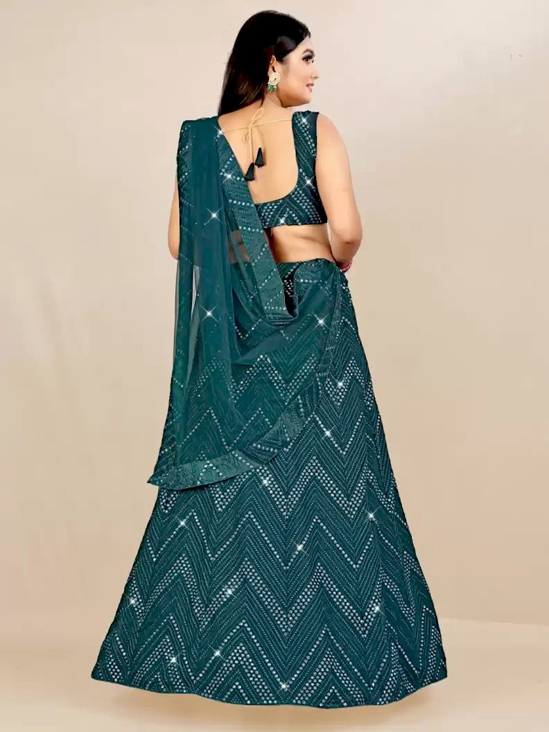 Wedding Wear Bottle Green Color Georgette Lehenga For Women