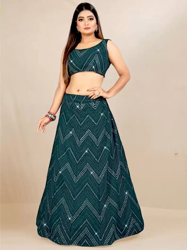 Wedding Wear Bottle Green Color Georgette Lehenga For Women