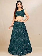 Wedding Wear Bottle Green Color Georgette Lehenga For Women