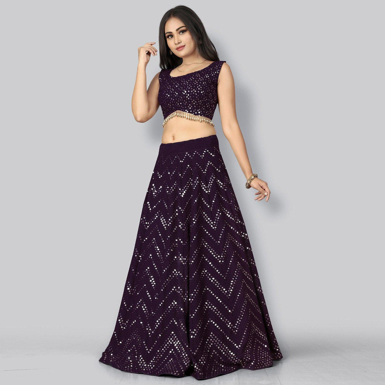 Wedding Wear Wine Color Faux Georgette Lehenga For Bride