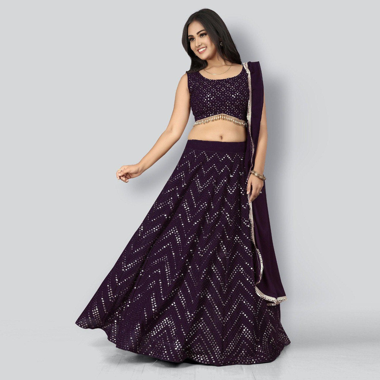 Wedding Wear Wine Color Faux Georgette Lehenga For Bride