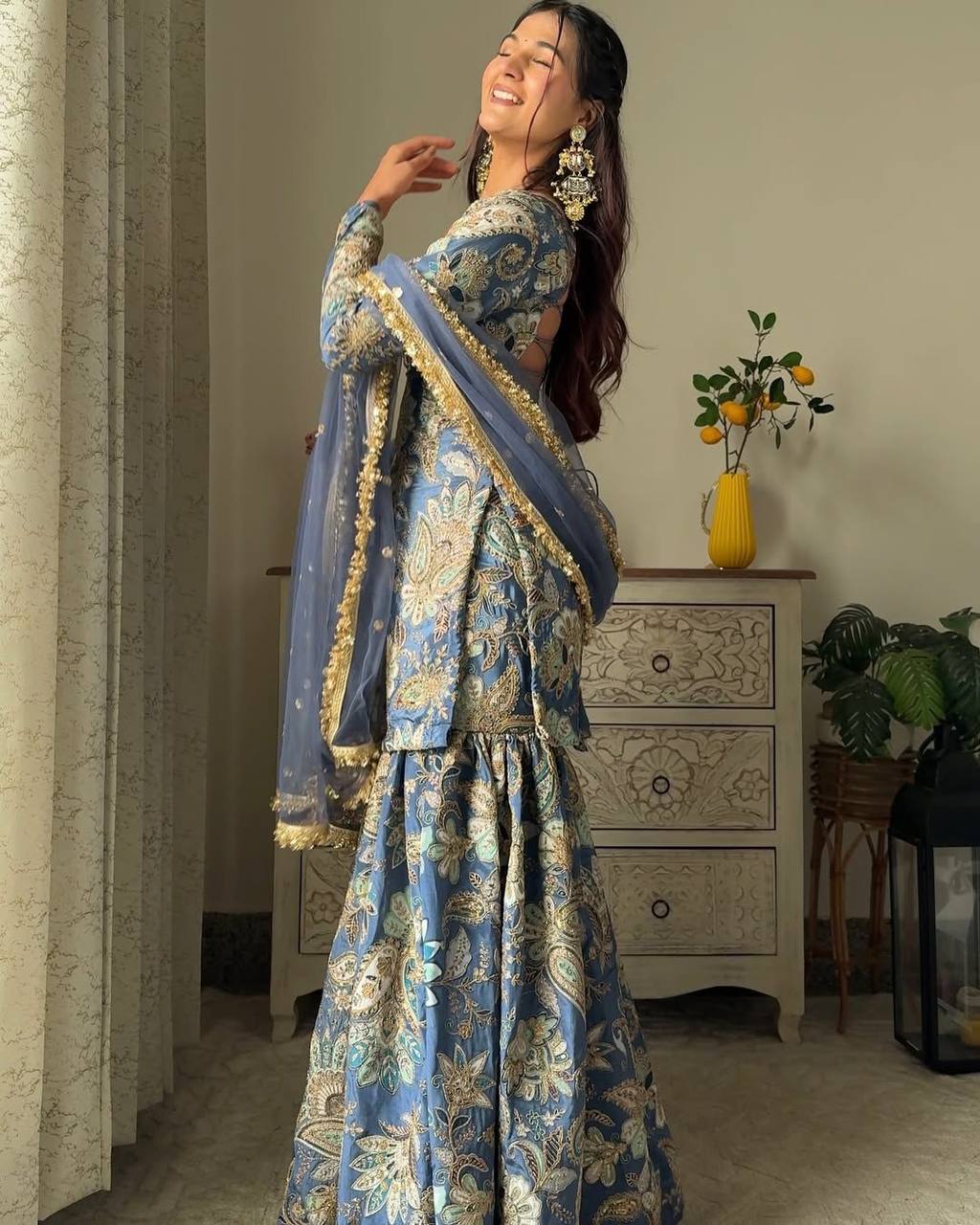 Wedding Wear Grey Color Chinon Silk Sharara For Girls