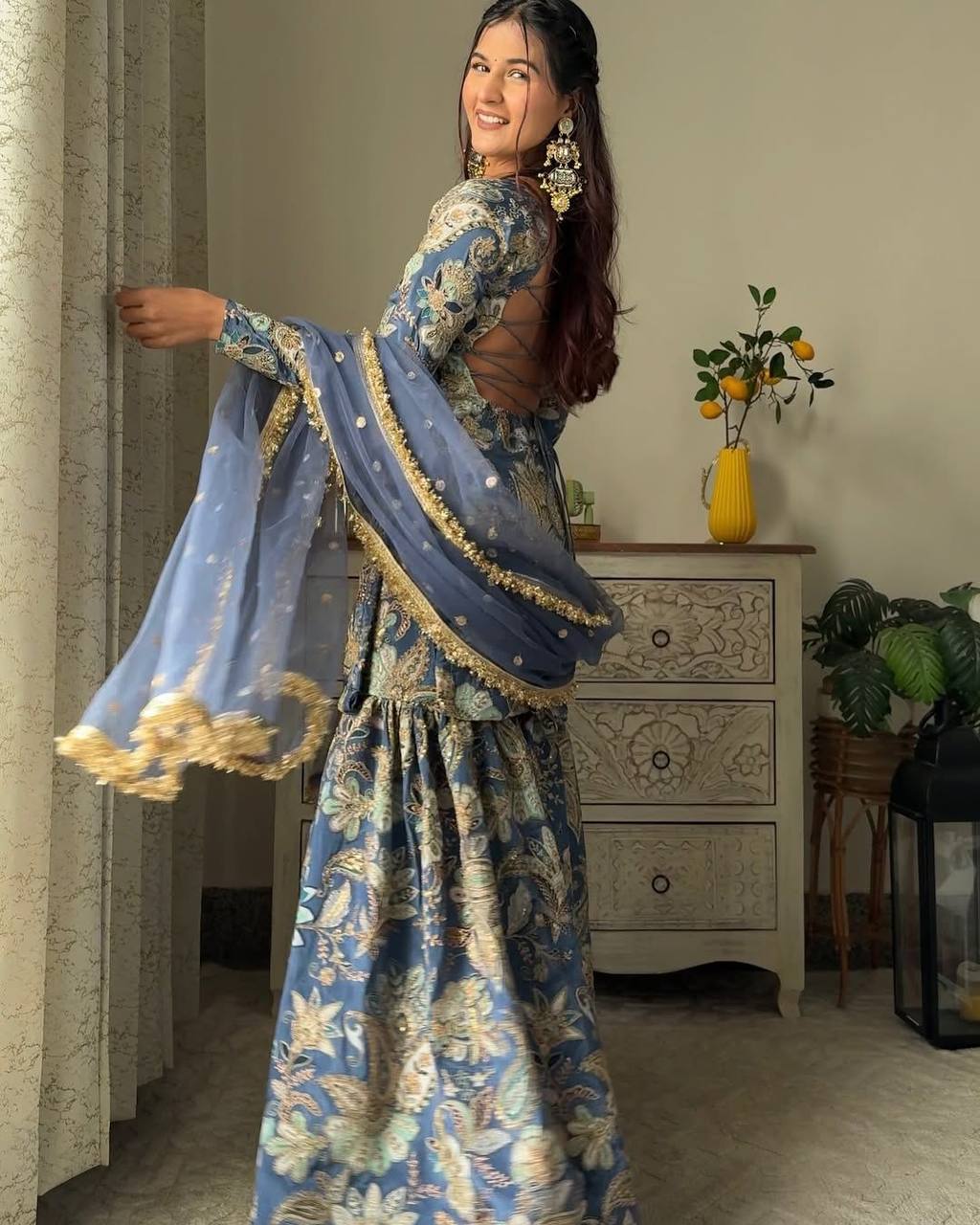 Wedding Wear Grey Color Chinon Silk Sharara For Girls
