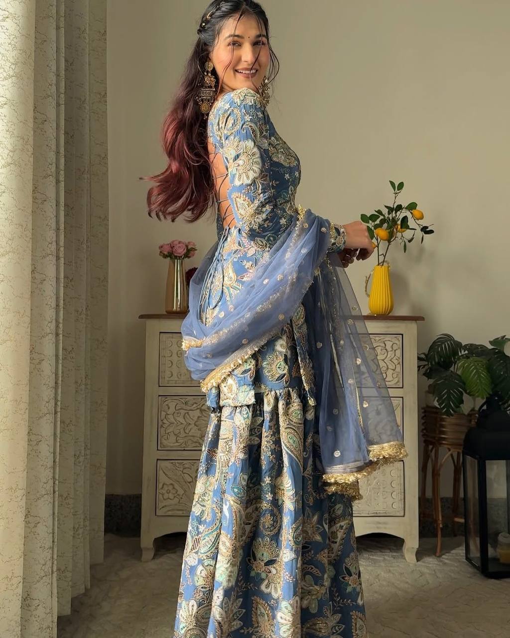 Wedding Wear Grey Color Chinon Silk Sharara For Girls