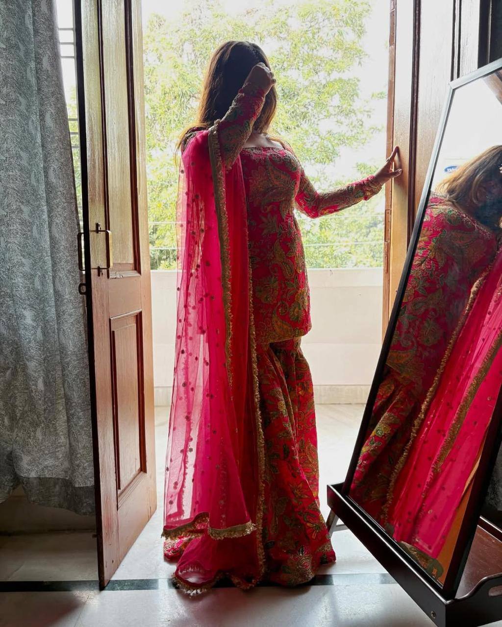 Wedding Wear Pink Color Chinon Silk Sharara For Girls