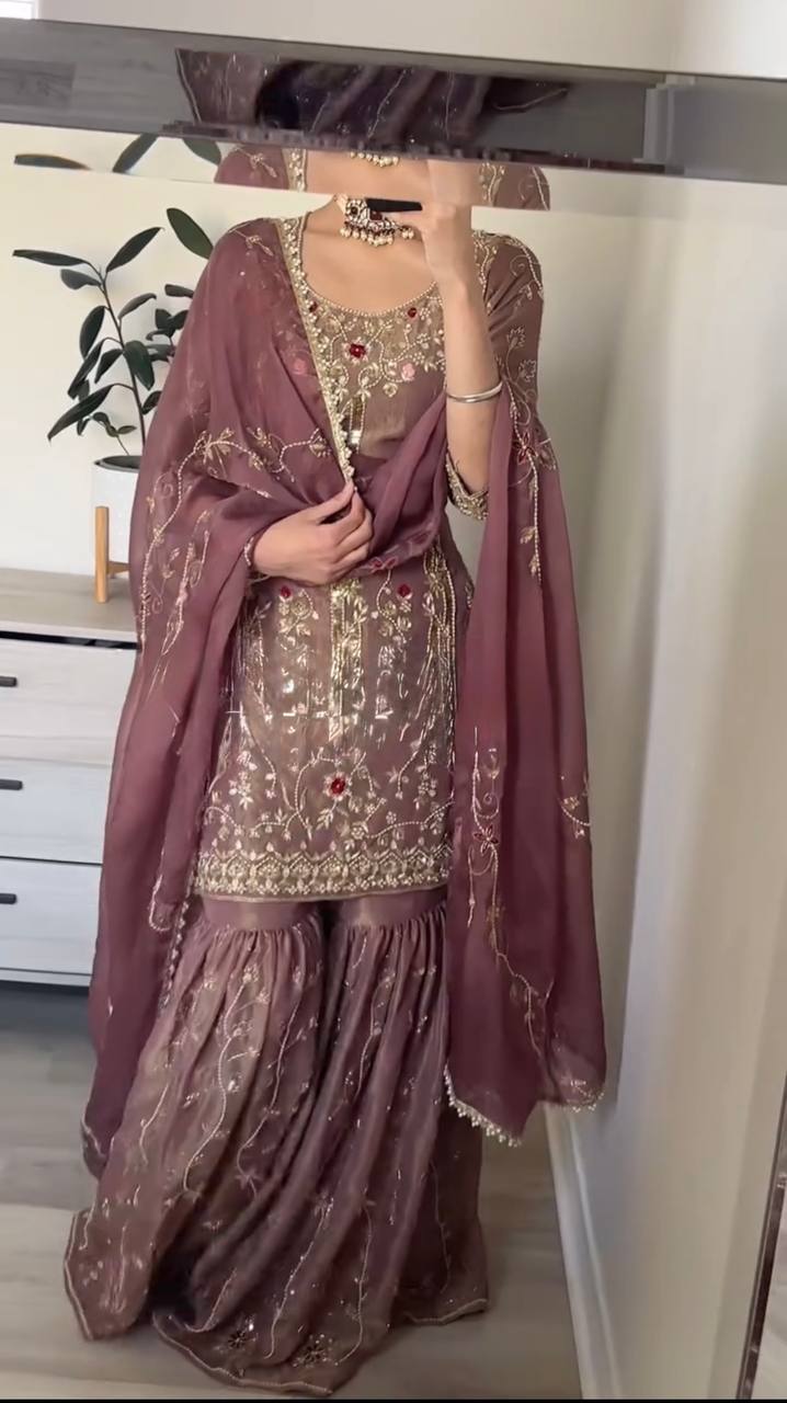 Wedding Wear Peach Color Pure Heavy Simmer Silk Sharara For Girls