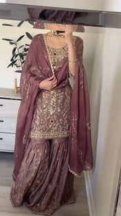 Wedding Wear Peach Color Pure Heavy Simmer Silk Sharara For Girls