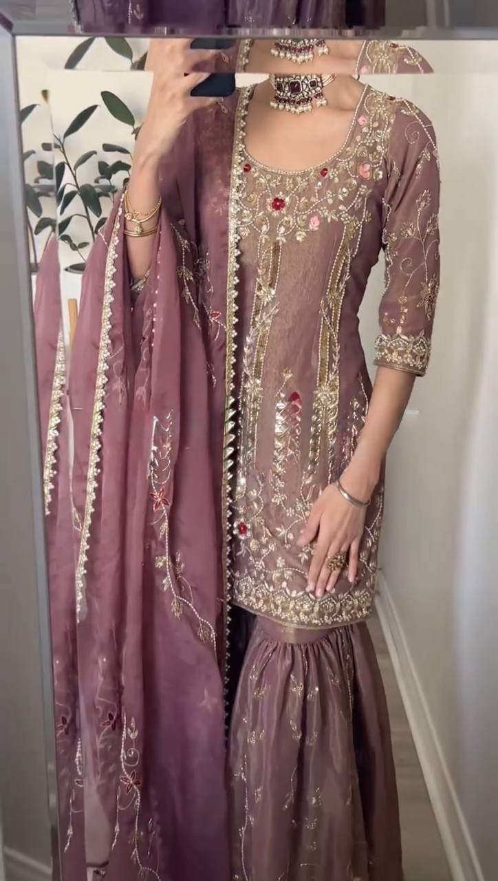 Wedding Wear Peach Color Pure Heavy Simmer Silk Sharara For Girls
