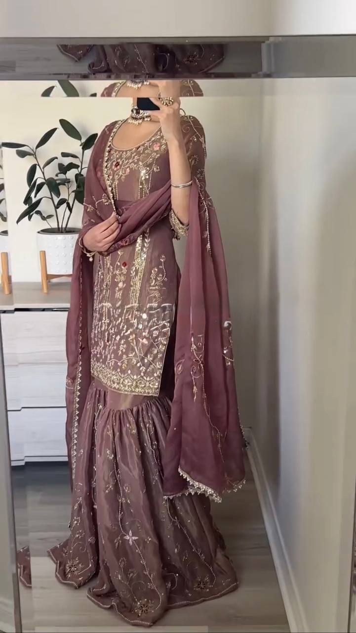 Wedding Wear Peach Color Pure Heavy Simmer Silk Sharara For Girls