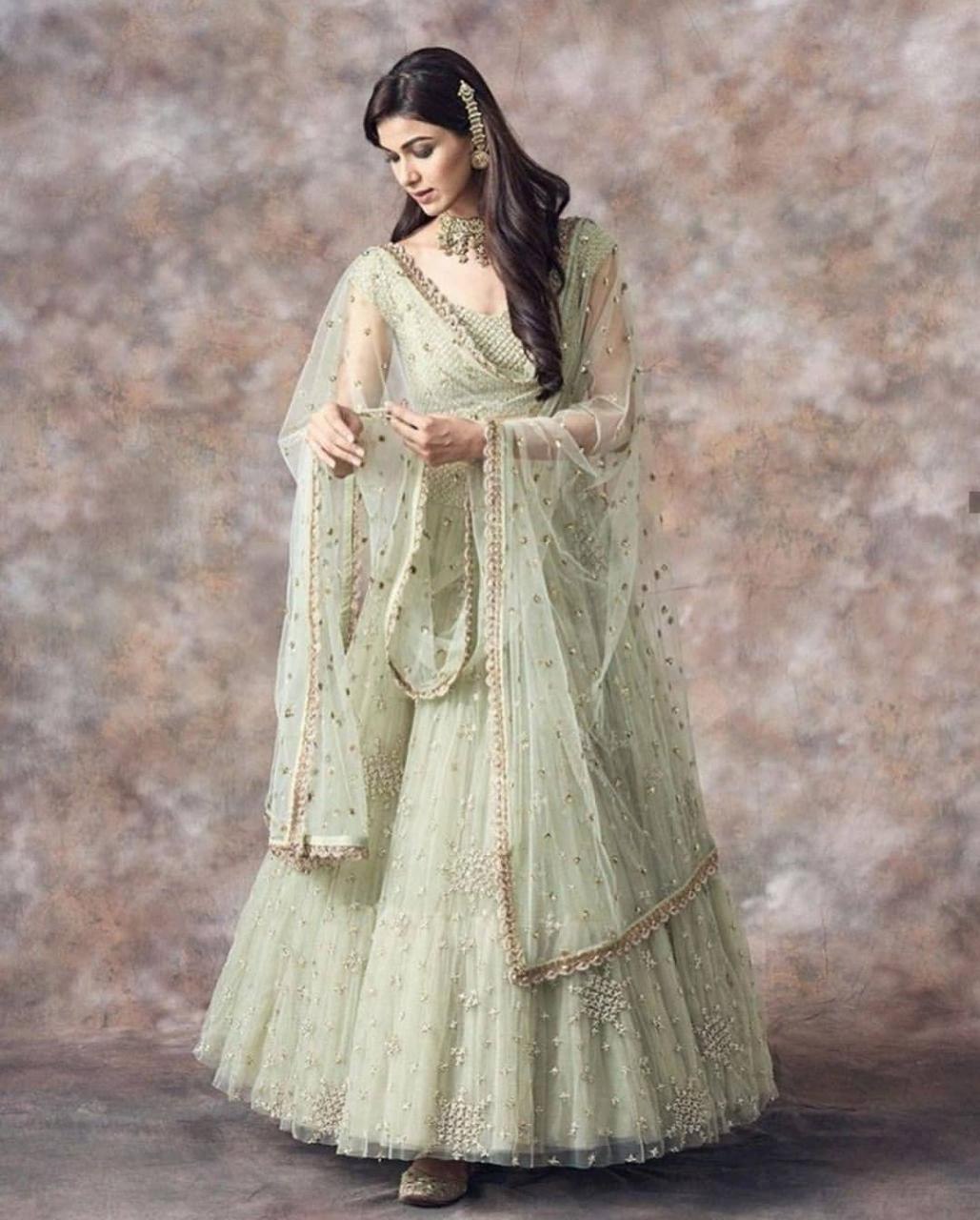 Wedding Wear Aqua Green Color Net Lehenga For Bride