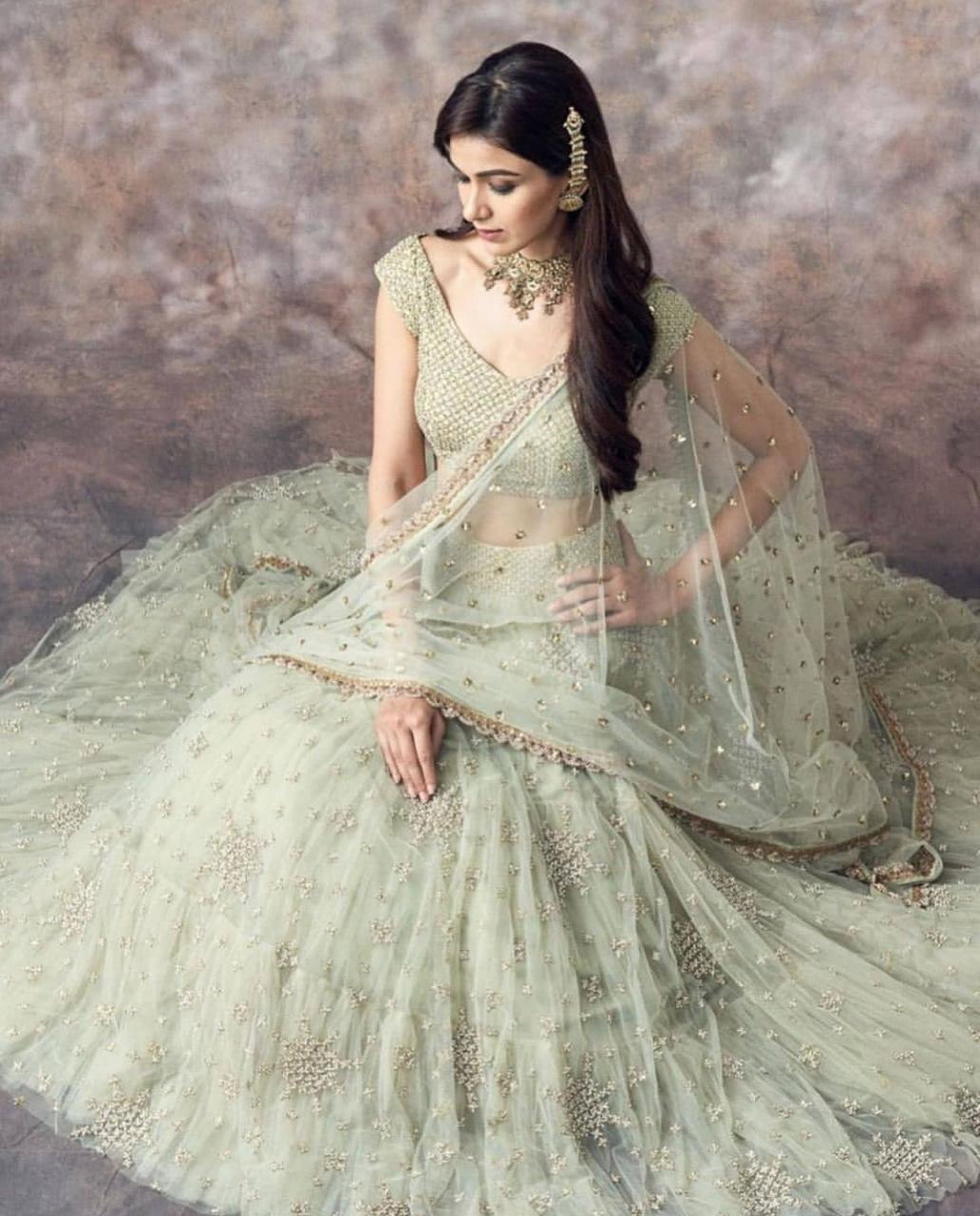 Wedding Wear Aqua Green Color Net Lehenga For Bride