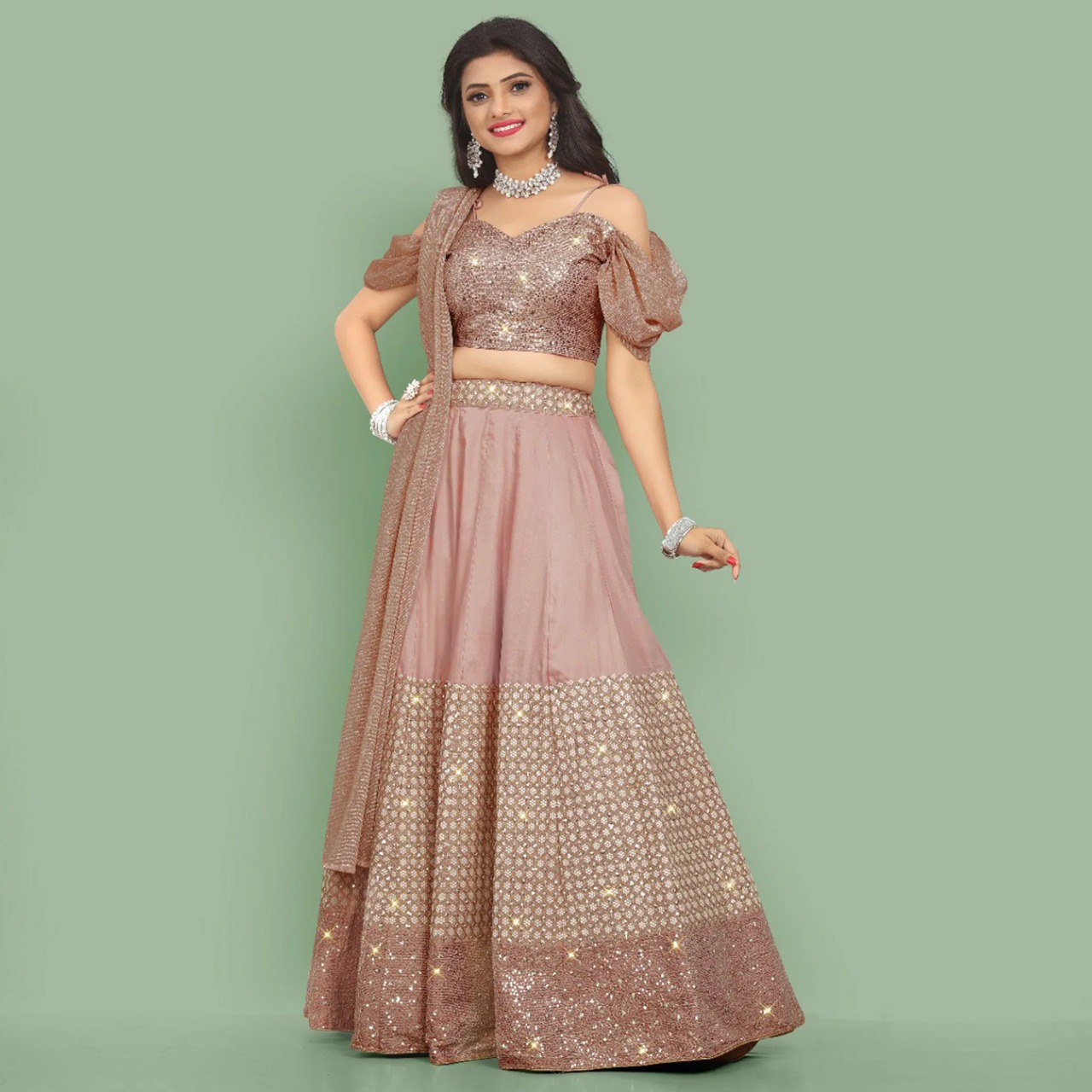 Wedding Wear Rose Pink Color Muslin Silk Lehenga For Girls