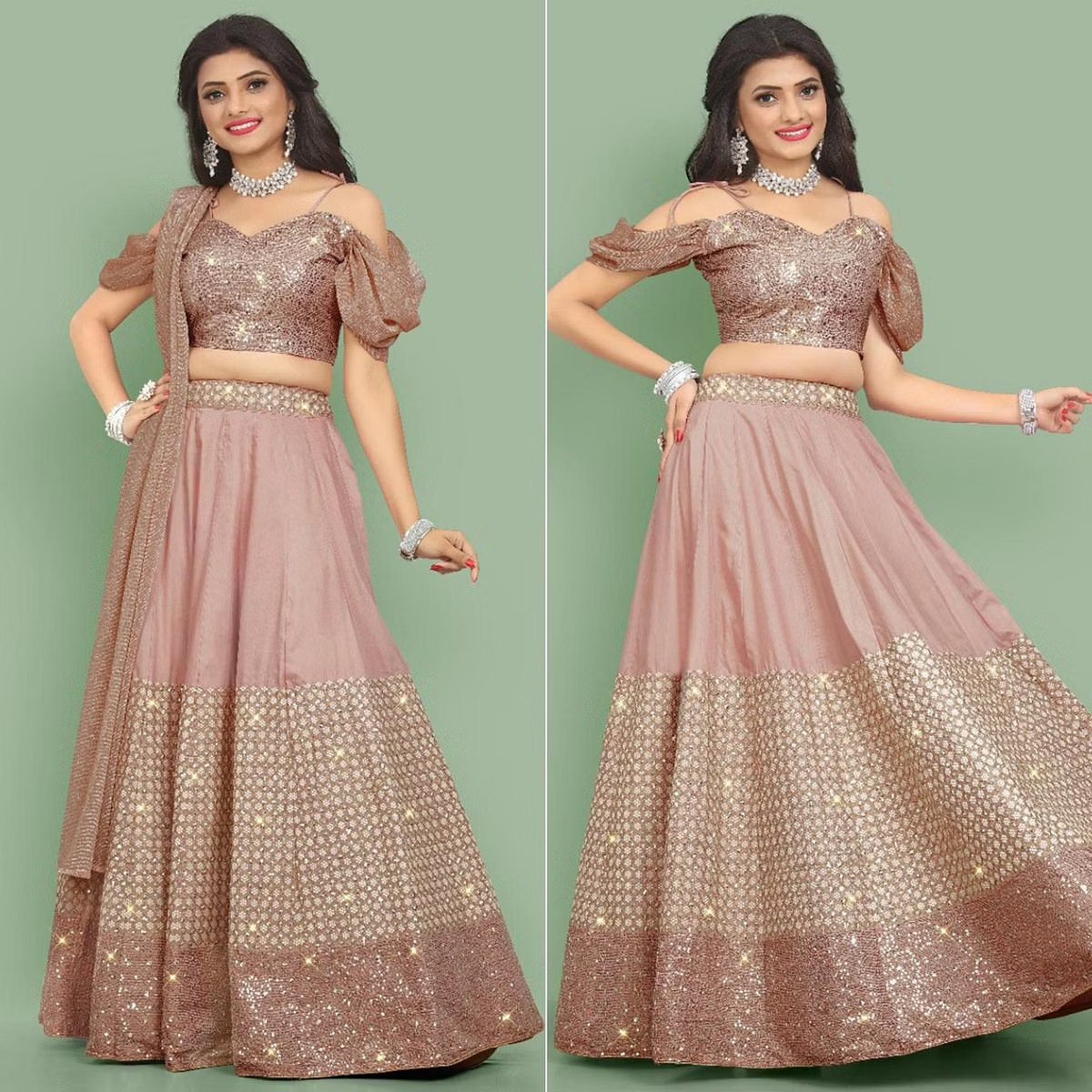 Wedding Wear Rose Pink Color Muslin Silk Lehenga For Girls