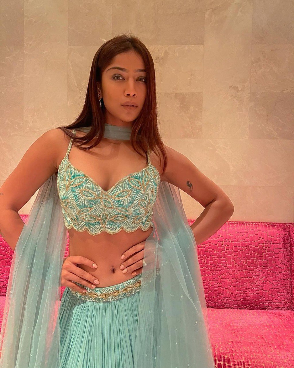 Wedding Wear Turquoise Color Faux Georgette Lehenga For Women