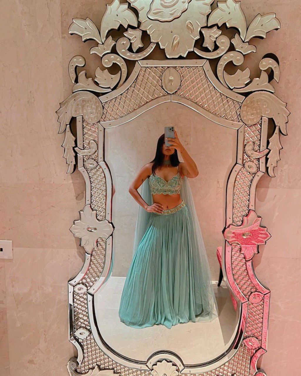 Wedding Wear Turquoise Color Faux Georgette Lehenga For Women