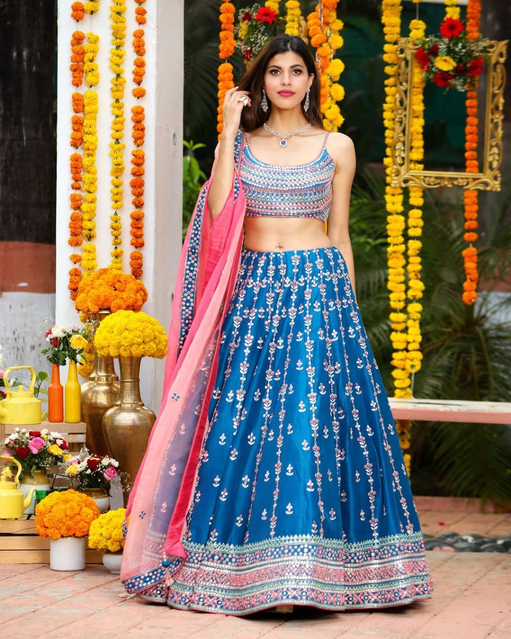 Wedding Wear Multi Color Chinon Silk Lehenga For Girls
