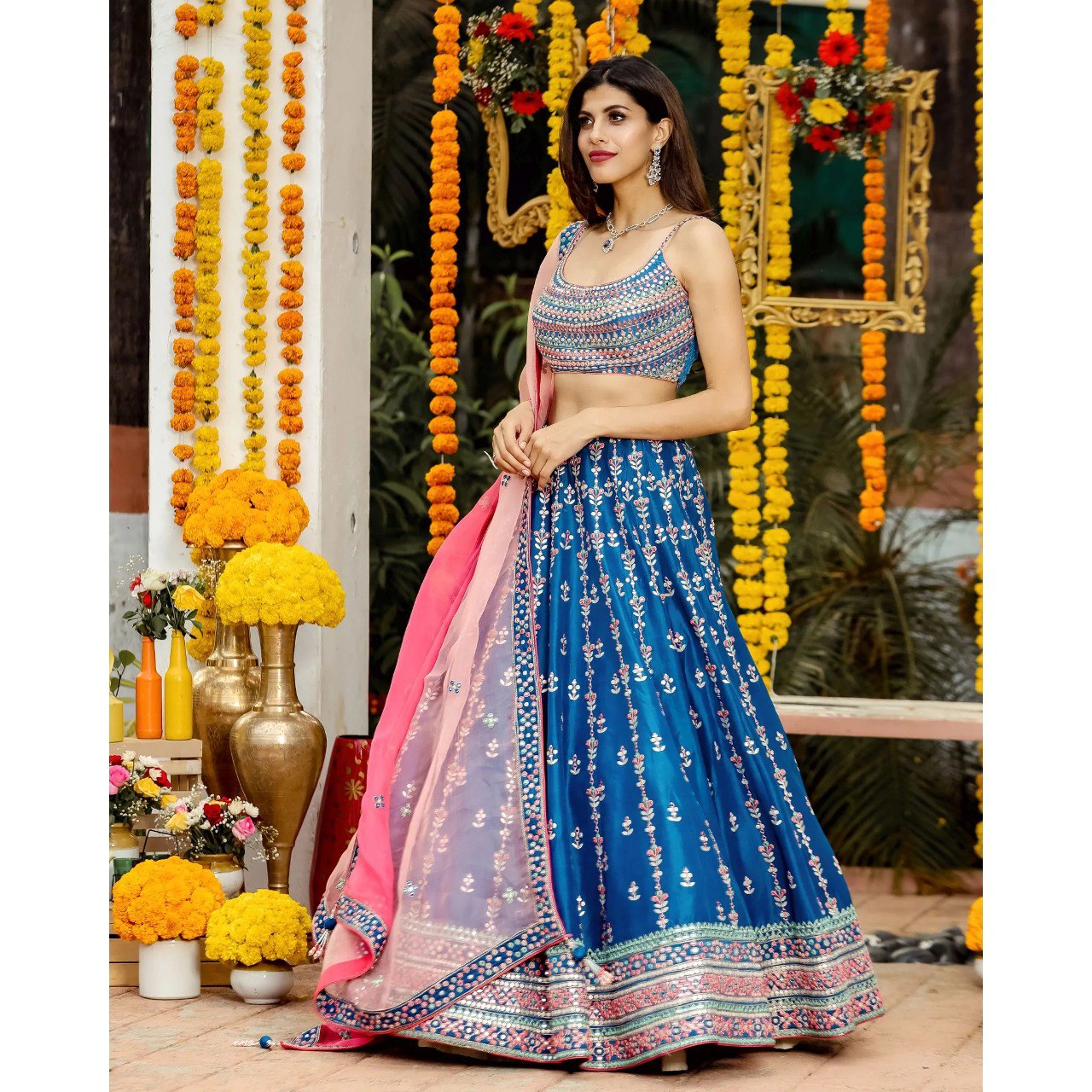 Wedding Wear Multi Color Chinon Silk Lehenga For Girls