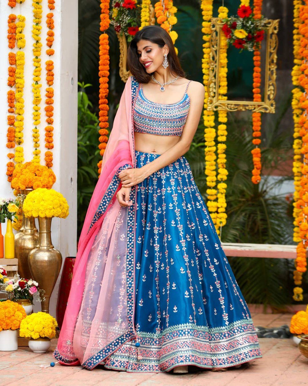 Wedding Wear Multi Color Chinon Silk Lehenga For Girls