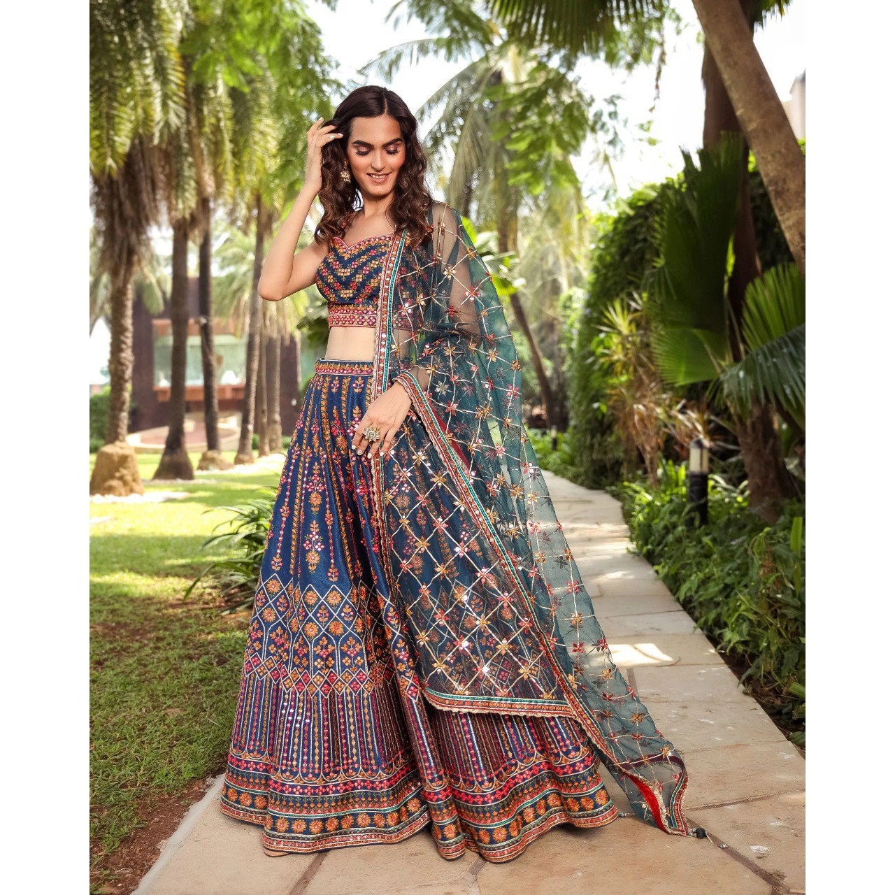 Party Wear Multi Color Chinon Silk Lehenga For Bride