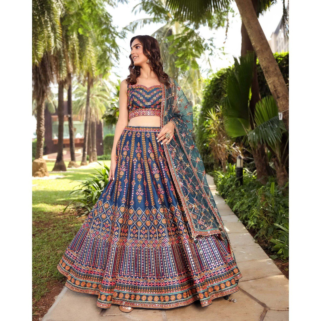Party Wear Multi Color Chinon Silk Lehenga For Bride