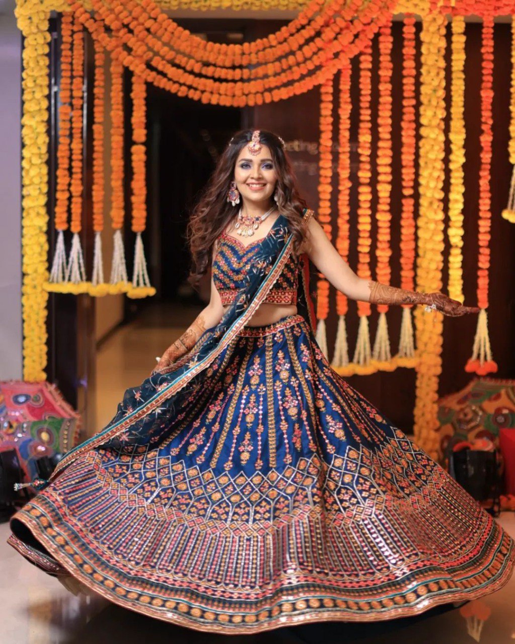 Party Wear Multi Color Chinon Silk Lehenga For Bride