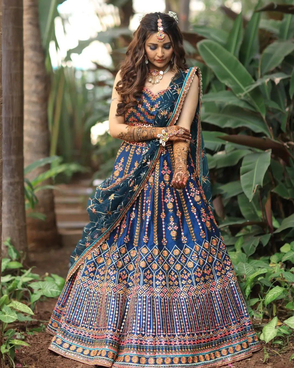 Party Wear Multi Color Chinon Silk Lehenga For Bride