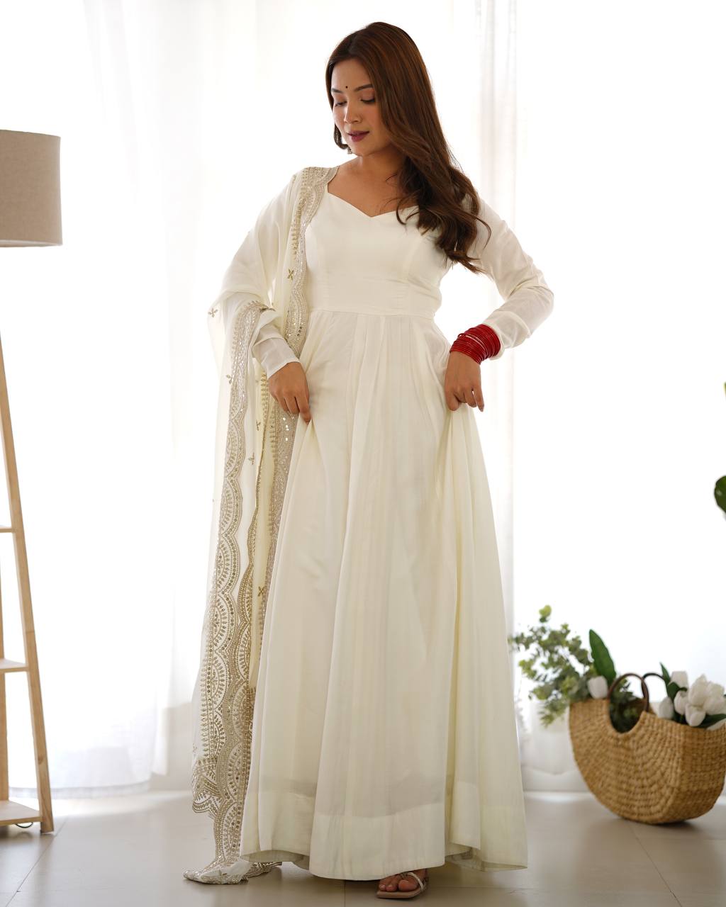 Party Wear White Color Heavy Roman Silk Chanderi Gown For Girls