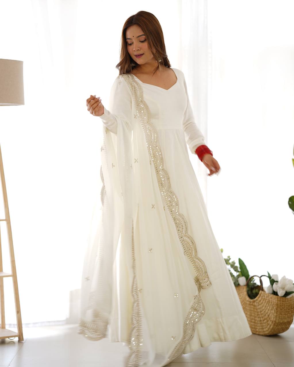 Party Wear White Color Heavy Roman Silk Chanderi Gown For Girls