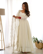 Party Wear White Color Heavy Roman Silk Chanderi Gown For Girls