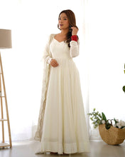 Party Wear White Color Heavy Roman Silk Chanderi Gown For Girls
