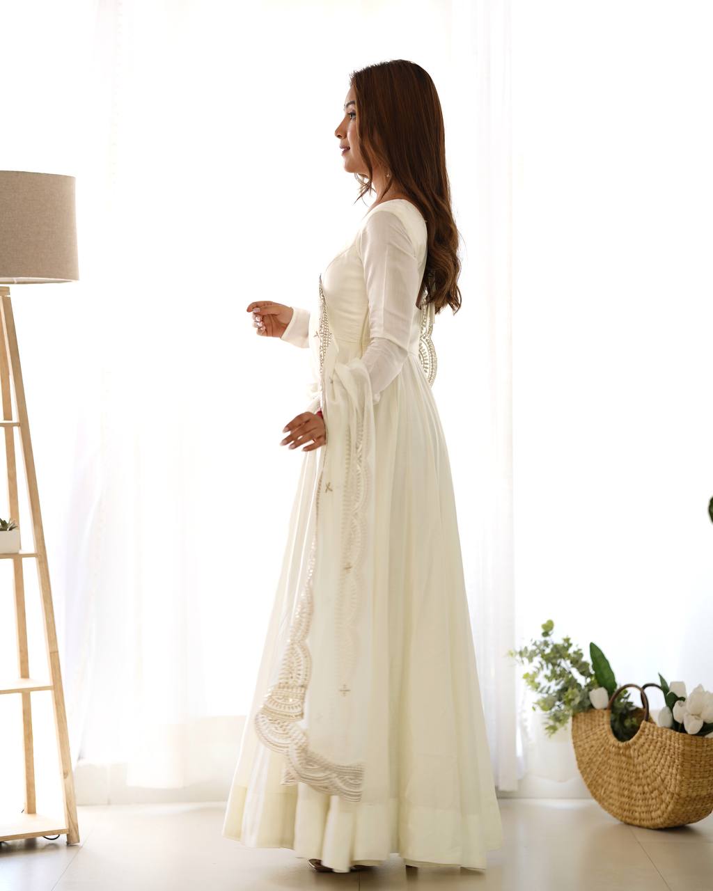 Party Wear White Color Heavy Roman Silk Chanderi Gown For Girls