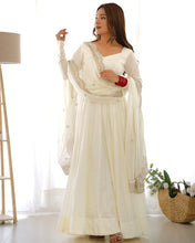 Party Wear White Color Heavy Roman Silk Chanderi Gown For Girls