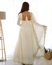 Party Wear White Color Heavy Roman Silk Chanderi Gown For Girls