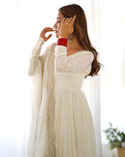 Party Wear White Color Heavy Roman Silk Chanderi Gown For Girls