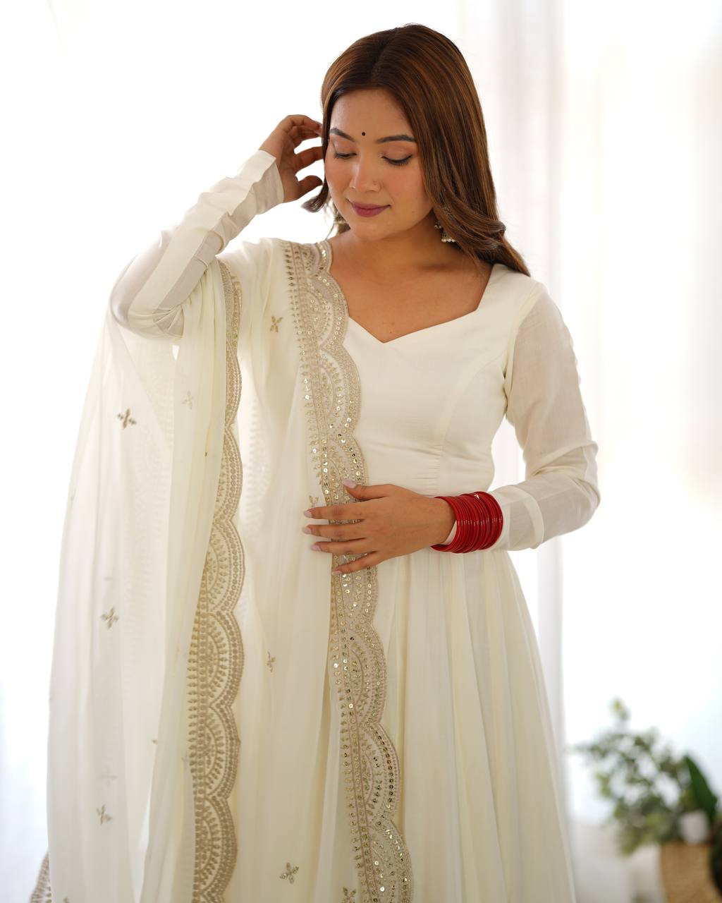 Party Wear White Color Heavy Roman Silk Chanderi Gown For Girls