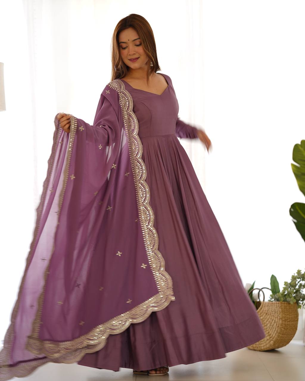 Festival Wear Light Purple Color Pure Roman Silk Chanderi Gown For Girls