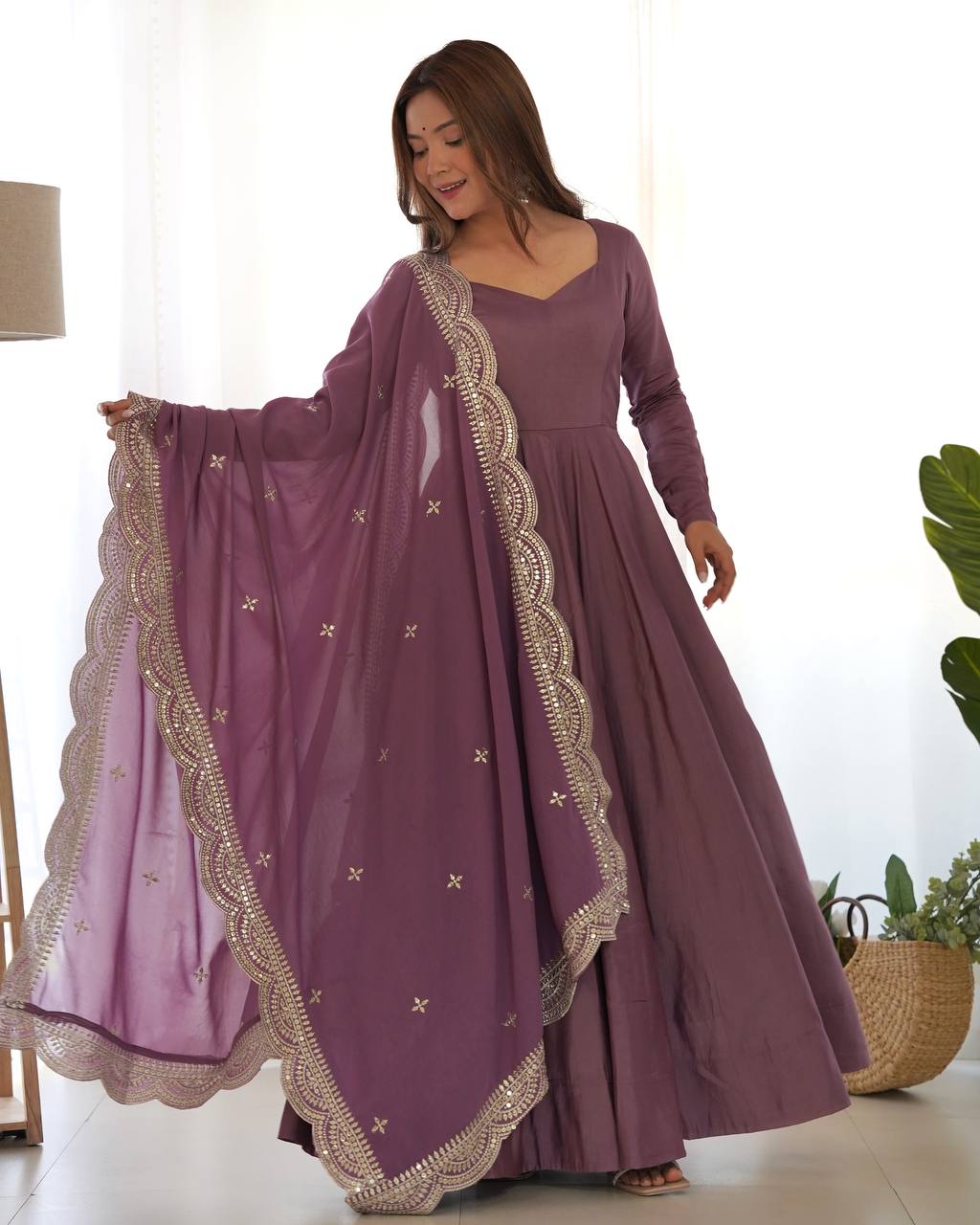 Festival Wear Light Purple Color Pure Roman Silk Chanderi Gown For Girls