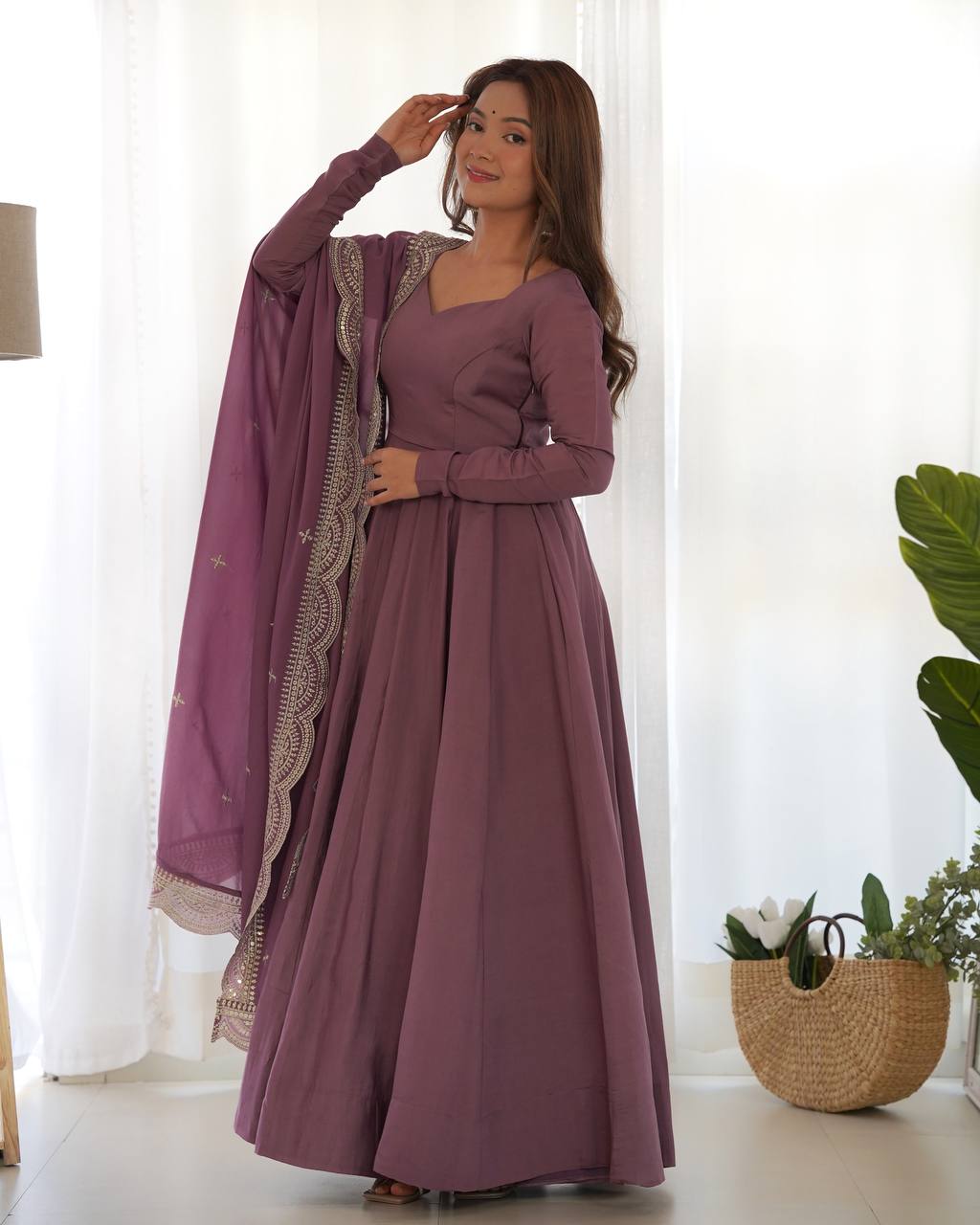 Festival Wear Light Purple Color Pure Roman Silk Chanderi Gown For Girls