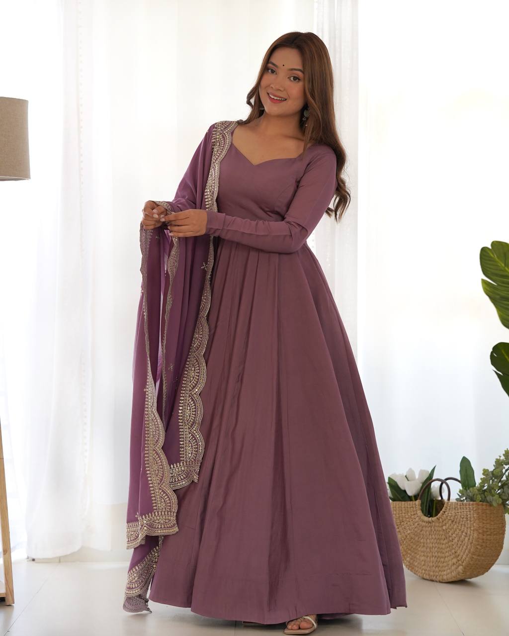 Festival Wear Light Purple Color Pure Roman Silk Chanderi Gown For Girls