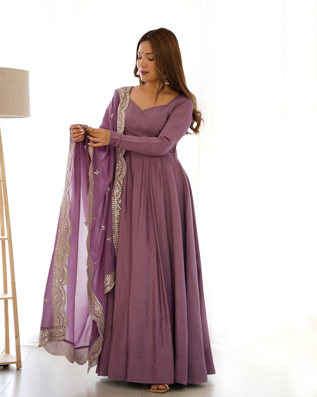 Festival Wear Light Purple Color Pure Roman Silk Chanderi Gown For Girls