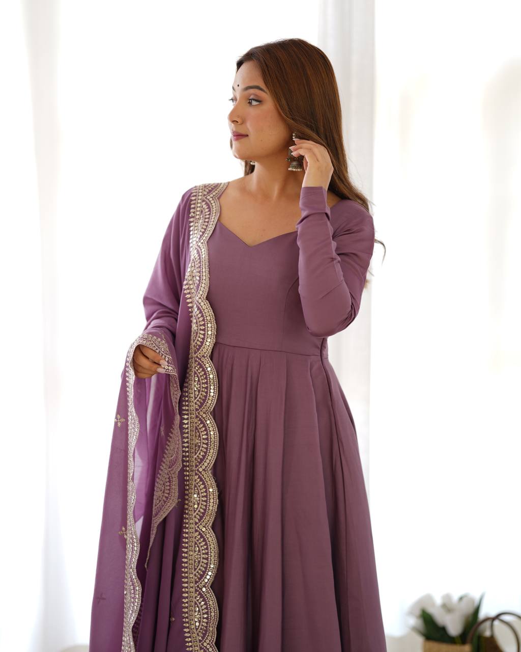 Festival Wear Light Purple Color Pure Roman Silk Chanderi Gown For Girls