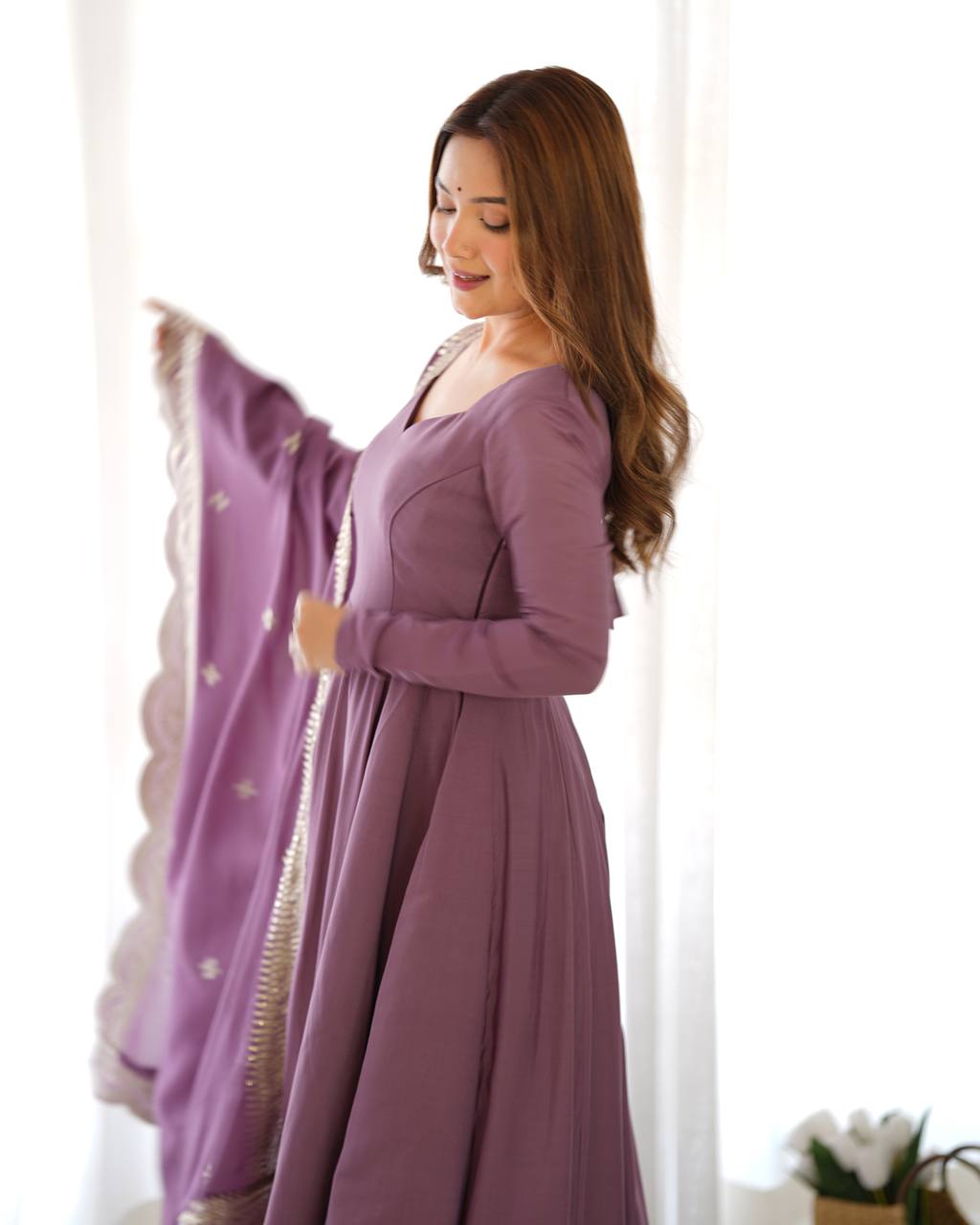 Festival Wear Light Purple Color Pure Roman Silk Chanderi Gown For Girls