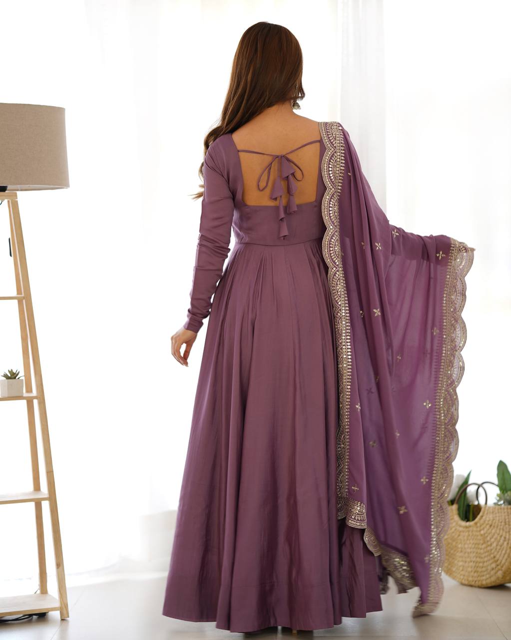 Festival Wear Light Purple Color Pure Roman Silk Chanderi Gown For Girls