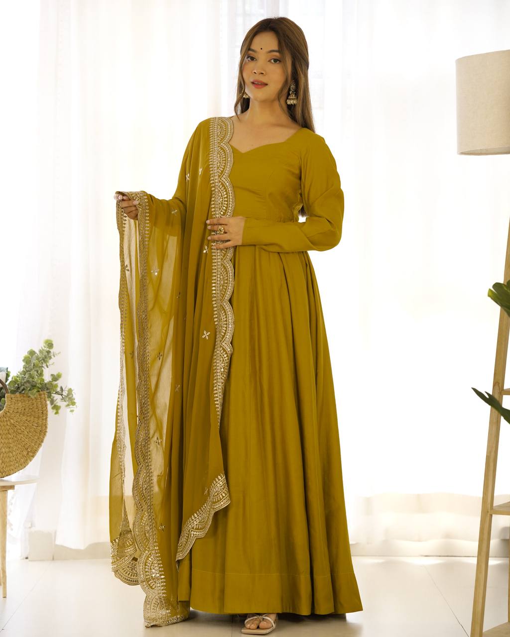 Party Wear Musturd Yellow Color Heavy Chanderi Silk Gown For Girls