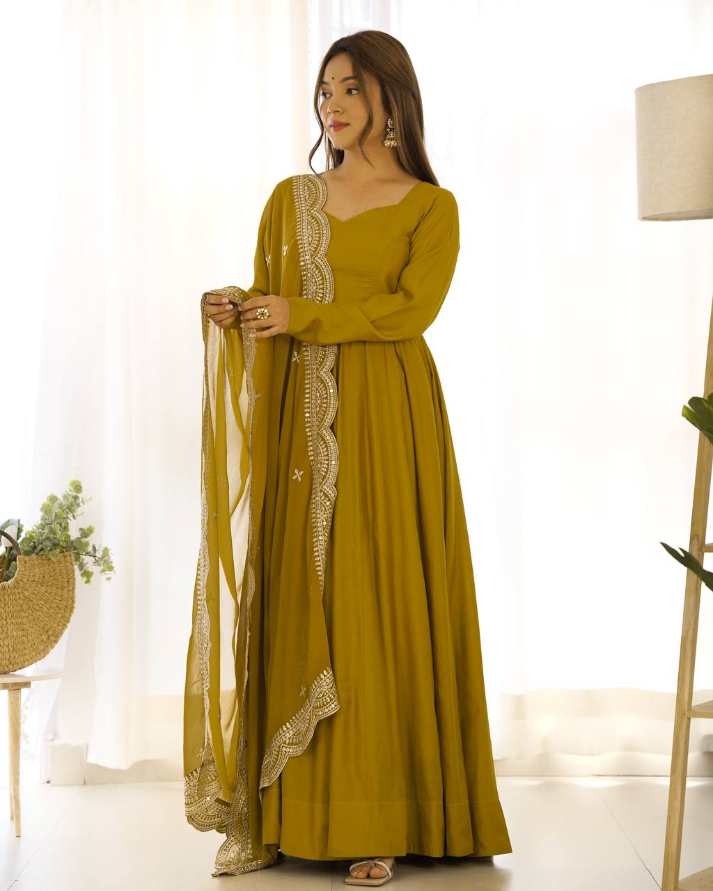 Party Wear Musturd Yellow Color Heavy Chanderi Silk Gown For Girls