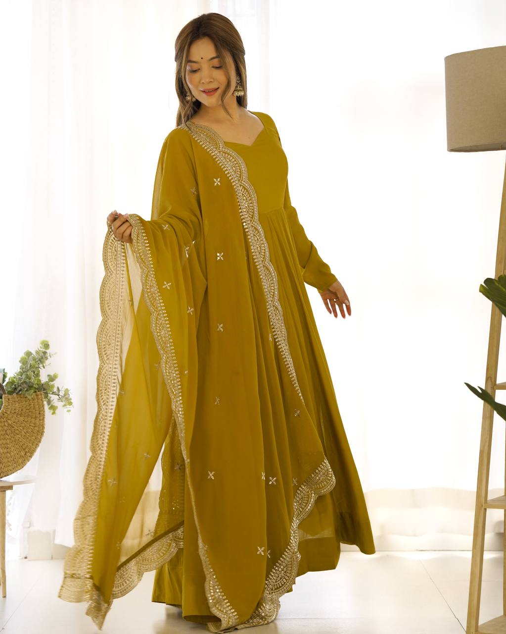 Party Wear Musturd Yellow Color Heavy Chanderi Silk Gown For Girls