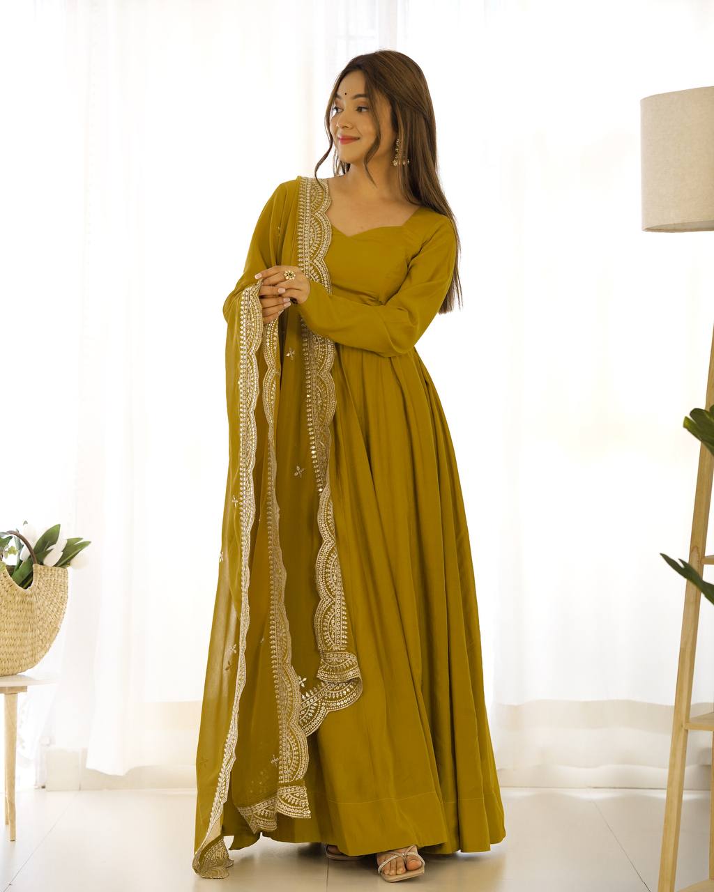 Party Wear Musturd Yellow Color Heavy Chanderi Silk Gown For Girls